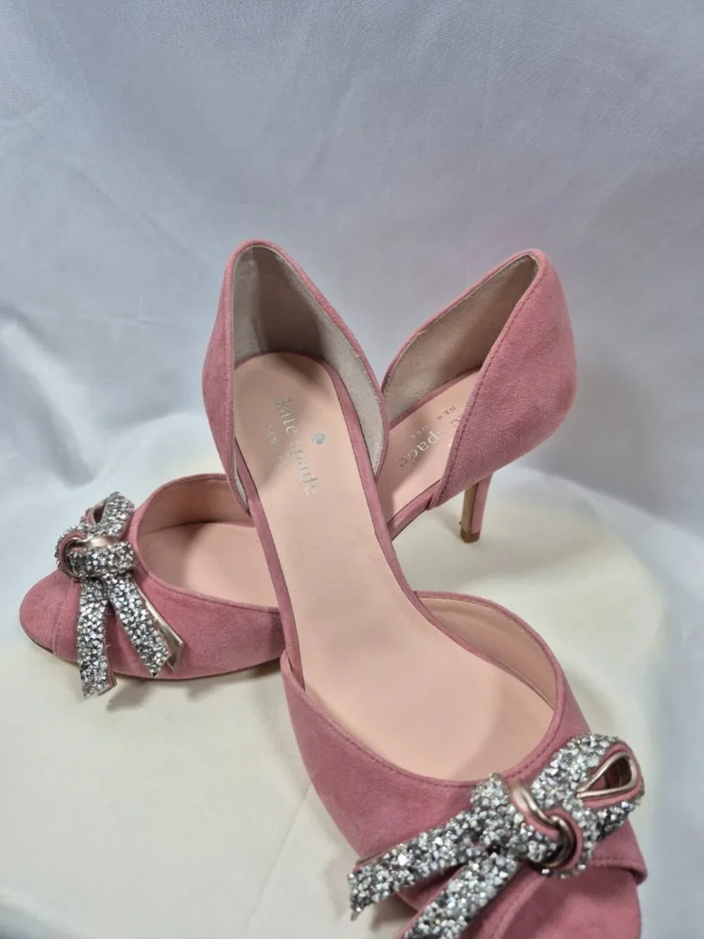 Kate Spade Pink Suede Crystal Bow Peep Toe Heels Size 8